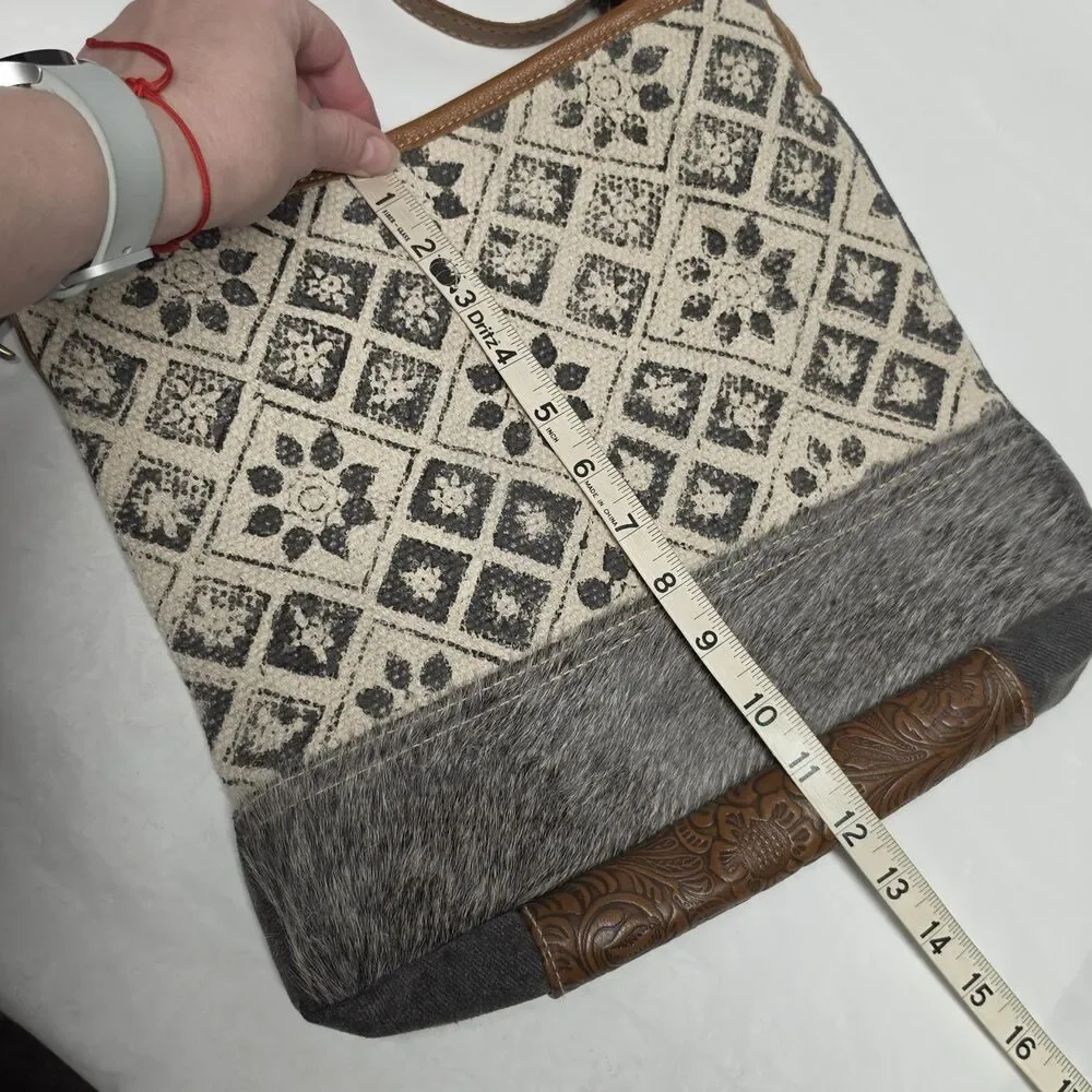 MYRA Bag Tapestry Cotton Calf Hair Tooled Leather Distressed Crossbody Western